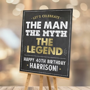 Editable The Man The Myth The Legend Personalized 40th Birthday Sign Gold Party Decorations Instant Download Printable Corjl MM40 BG40 WG40