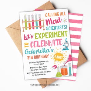 Editable Science Birthday Invitation, Girl Mad Scientist Party Invite, Calling All Mad Scientists, Digital Invite for Girls, Corjl SCI1