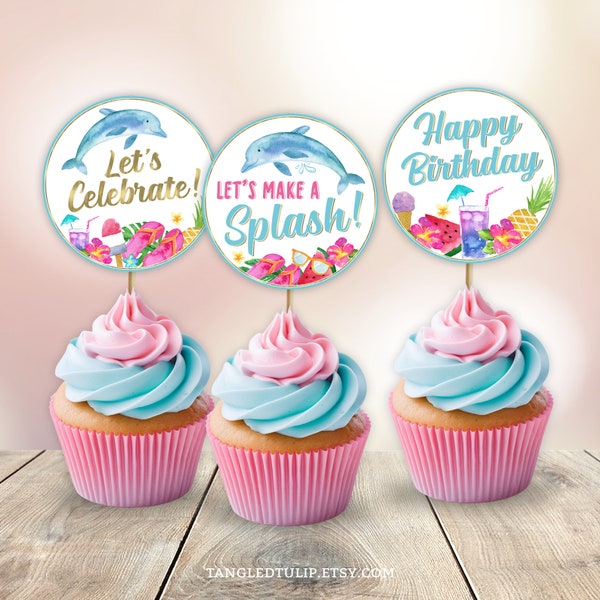 Dolphin Splash Birthday Cupcake Toppers Printable Dolphins Theme Girl Party Tropical Dolphins Pool Party Download DO1