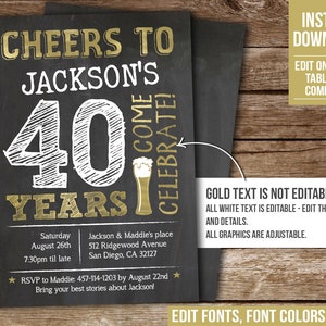 Editable 40th Birthday Invitation Man Adult Any Age Cheers to 40 Years Party Invite Gold Beer Chalkboard PRINTABLE Corjl BG40 BG50 BG60 image 3