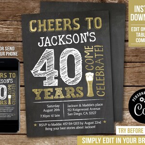 Editable 40th Birthday Invitation Man Adult Any Age Cheers to 40 Years Party Invite Gold Beer Chalkboard PRINTABLE Corjl BG40 BG50 BG60 image 2
