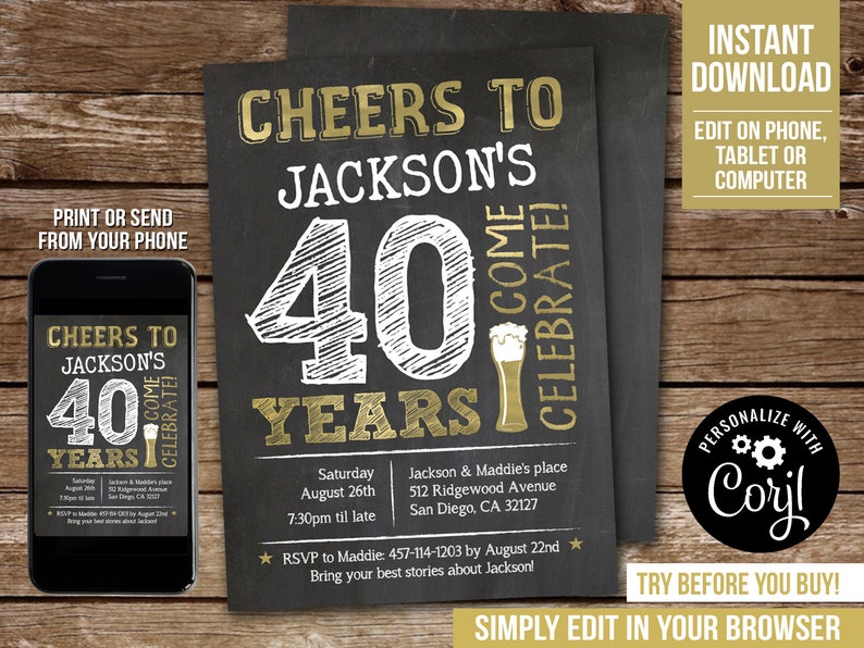 Editable 40th Birthday Invitation Man Adult Any Age Cheers to 40 Years Party Invite Gold Beer Chalkboard PRINTABLE Corjl BG40 BG50 BG60 image 2