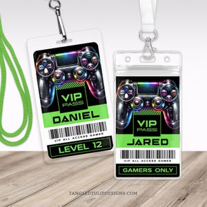 Bearbeitbare Gamer Party ID Badge-Vorlage, Gaming-Geburtstags-ID-Abzeichen, Gamer-Namensschild, Spiel-Truck-VIP-Pass-Tag, Lanyard, Corjl GA1