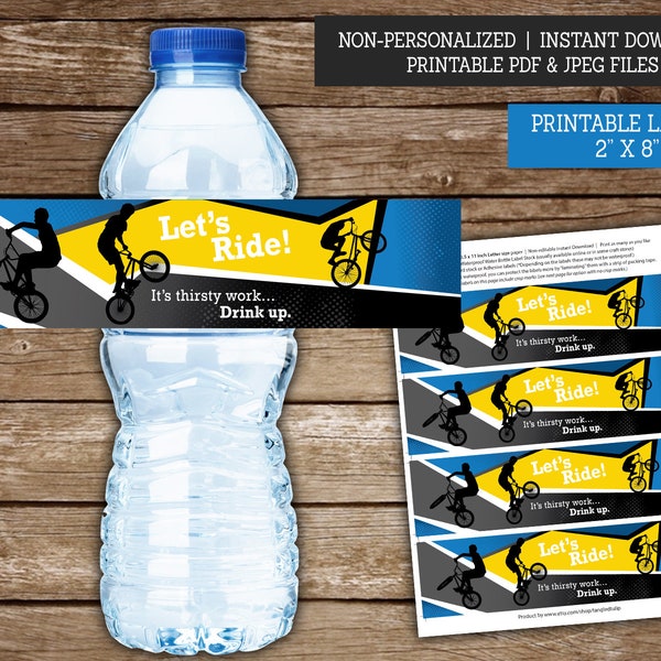 Water Bottle Labels for BMX Bike Party, Printable Bottle Labels, Boys Birthday Party Decoration, DIGITAL