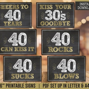 May include: Set of six printable 4" x 6" signs with a chalkboard background and gold lettering. The signs feature humorous sayings about turning 40, such as "Cheers to 40 Years" and "40 Rocks".