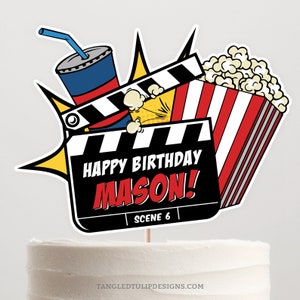 Topper de bolo de filme editável, Topper de bolo personalizado, Topper para impressão de festa de filme, pipoca, claquete, quadrinhos, download digital, Corjl MO1