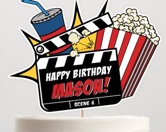 Filmfeesttaarttopper | Aangepaste naam en leeftijd verjaardagstaarttopper | Afdrukbare bewerkbare sjabloon | Directe download MO1