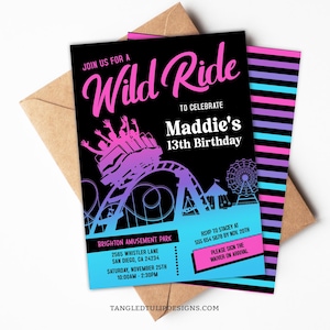 May include: A black and pink birthday invitation with a silhouette of a roller coaster and the text "Join us for a Wild Ride to celebrate Maddie's 13th Birthday". The invitation includes details about the event, including the date, time, and location.