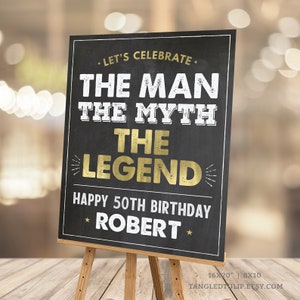 Editable Man Myth Legend Birthday Sign Personalized Gold Chalkboard 50th Party Decoration Instant Download Corjl MM50 BG50 WG50