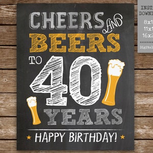 Cheers and Beers to 40 Years Printable Sign, 40th Birthday Sign in Beer Theme, Beers Party Sign 8x10, 11x14, 16x20, Instant Download MS40