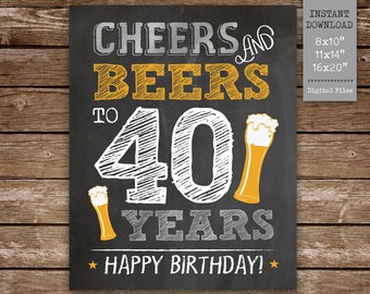 Cheers and Beers to 40 Years Printable Sign, 40th Birthday Sign in Beer Theme, Beers Party Sign 8x10, 11x14, 16x20, Instant Download MS40