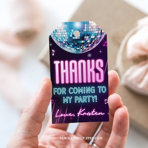 Discofeest cadeaukaartjes neon gloed dansfeest gunst tag tiener meisje verjaardag bedankt discobal BEWERKBARE Instant Download Corjl GLO1
