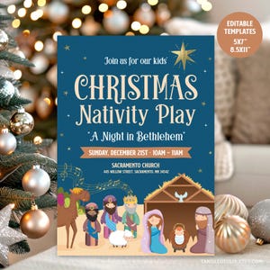 Pode incluir: Um convite azul marinho para uma peça de Natal da Natividade com estrela dourada e texto. O convite inclui o texto "Join us for our kids' Christmas Nativity Play" e detalhes do evento. O convite tem 12,7 cm x 17,8 cm e 21,6 cm x 27,9 cm.