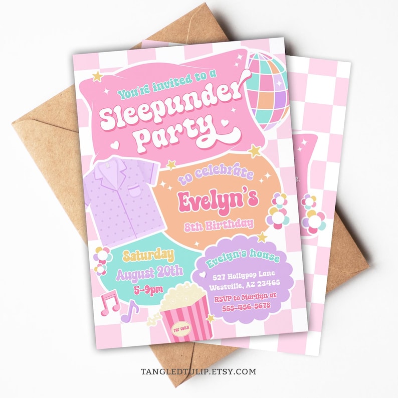 A Sleepunder Party invitation for the Birthday Girl! In a groovy retro design and pastel colors, with pajamas, popcorn for movies, music notes and disco ball. A cute rhyme at the back explains the concept of a Sleepunder. Fully editable invitation template.