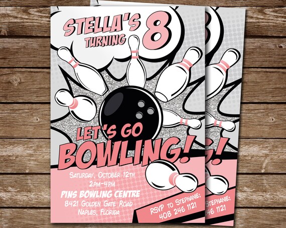Bowling Birthday Invitation for Girls, Pink & Glitter Silver, Bowling Party Invite, Bowling Digital Printable Invitation, Personalized Il_570xn