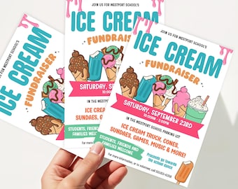Folleto de recaudación de fondos para helados / Póster de evento de recaudación de fondos para escuelas y comunidades / Plantilla imprimible y editable / Descarga instantánea FICS1