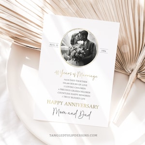 Plantilla de tarjeta de felicitación del 40.º aniversario con foto, tarjeta editable del feliz 40.º aniversario para padres, descarga instantánea imprimible, Corjl