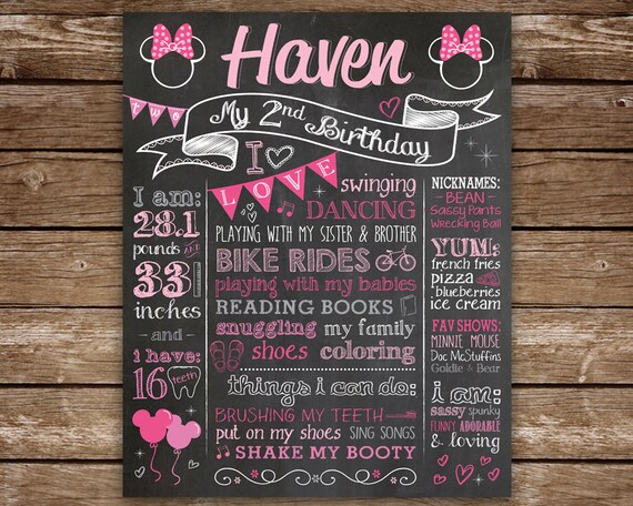 Second Birthday Chalkboard, 2nd Birthday Sign, Minnie Mouse, Birthday Girl, Printable Chalk Poster, Custom Colors, 1st Birthday Sign Il_570xn