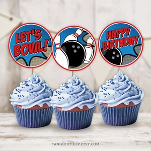 Bowling Party Cupcake Toppers, IMPRIMABLE Tenpin Bowling Thème Cupcake Toppers pour Boys Party, Bowling Pins Party, Téléchargement instantané BB1