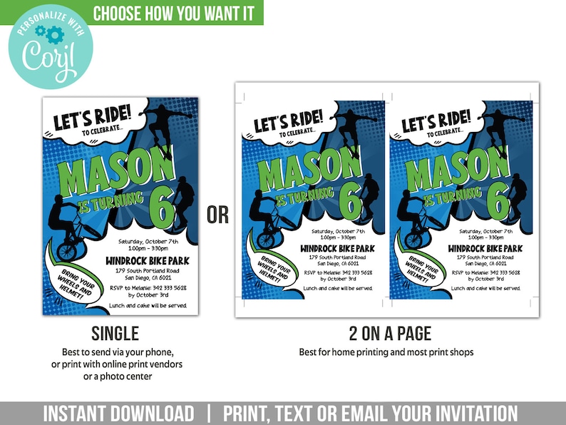 Bike Birthday Invitation | Boy Comic Style BMX Bike Skateboard Scooter Party Invite | Printable Editable Template | Instant Download BS3 image 4