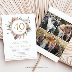 Bearbeitbare Einladung zum 40-jährigen Jubiläum, Einladung zum 40-jährigen Hochzeitstag mit Fotos, Proteas, Floral, digitale Einladung, Corjl A003 BOH1