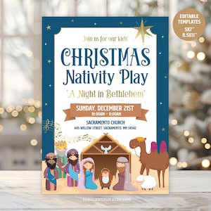Peut inclure: Une invitation à la pièce de Noël de la Nativité avec une bordure bleu marine et des étoiles dorées. L'invitation comprend le texte "Rejoignez-nous pour nos enfants" et "Une nuit à Bethléem". L'illustration présente la scène de la nativité.