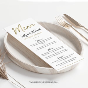 Menu du dîner d'anniversaire et carte de remerciement, modèle de menu modifiable pour le 40e anniversaire, élégant, or, modèle de menu imprimable, Corjl A003