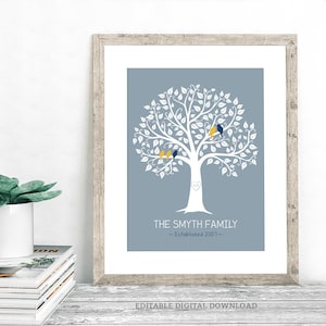 May include: A printable family tree design with a white tree on a blue background. The tree has white leaves and branches with yellow and blue birds perched on the branches. The text "THE SMYTH FAMILY - Established 2007 -" is at the bottom of the design.
