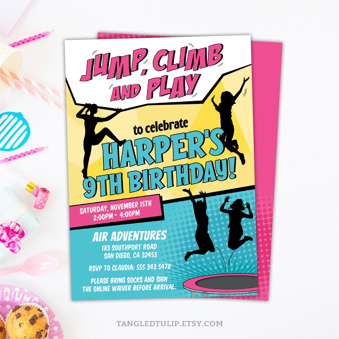 Editable Jumping Birthday Invitation Jump Climb & Play Party Trampoline