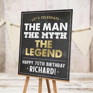 Editable 70th Birthday Sign Personalized The Man The Myth The Legend Party Decorations Gold Instant Download Printable Corjl BG70 WG70