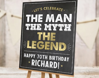 Könnte beinhalten: Schwarzes Schild aus Schiefer mit goldener Aufschrift "Let's Celebrate. The Man The Myth The Legend. Happy 70th Birthday *Richard!*" Das Schild steht auf einem Holzstaffelei.