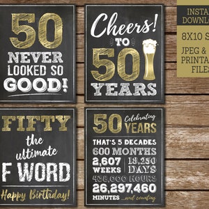 Bordpakket 50e verjaardag, AFDRUKBARE borden 50e verjaardag, Cheers to 50 Years Sign, 50 Never Looked So Good, 8 x 10 krijtborden BG50