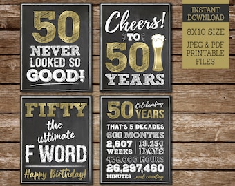 50th Birthday Sign Pack, 50th Birthday PRINTABLE Signs, Cheers to 50 Years Sign, 50 Never Looked So Good, 8x10 chalk signs BG50