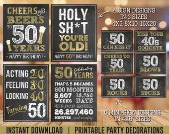 50th Birthday Sign | Cheers and Beers Party Decor for Him | Gold Chalkboard Printable Sign | Instant Download BG50