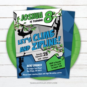Editable Climb Zipline Birthday Invitation Boy Climbing Ziplining Party Invite Outdoor Obstacle Course Digital PRINTABLE BZ1