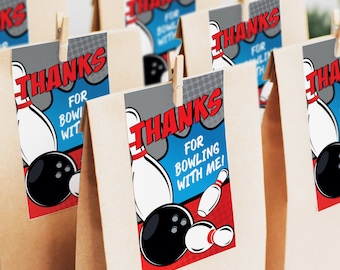 May include: A set of colorful thank you tags with a bowling theme. The tags feature a bowling pin and ball with the text "Thanks for bowling with me!"