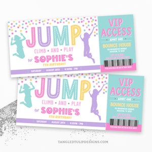 Sprung-Geburtstags-Einladungskarte für Mädchen, Sprung-, Kletter- und Spielparty laden VIP-Zugriff EDITIERBAR Corjl JUM1 ein