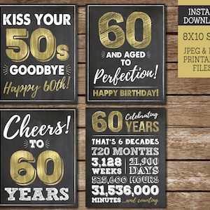60 cumpleaños signos IMPRIMIBLES para hombres, despídete de tus 50, decoraciones de cumpleaños número 60, signos dorados 60 Descargar WG60