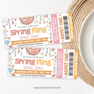 Bearbeitbare Spring Fling Schultanzkarten, Spring Fling Ticketvorlage, Schule PTO PTA Spring Fling Printable Tickets SPR1