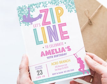 May include: A colorful invitation for a 10th birthday party with the text "Let's Zip Line" and a silhouette of a person ziplining. The party is at Acro Branch, 435 Western Link, San Diego CA 20434. RSVP to Sarah: 021 345 2332. Please sign the online waiver and bring a pair of socks.
