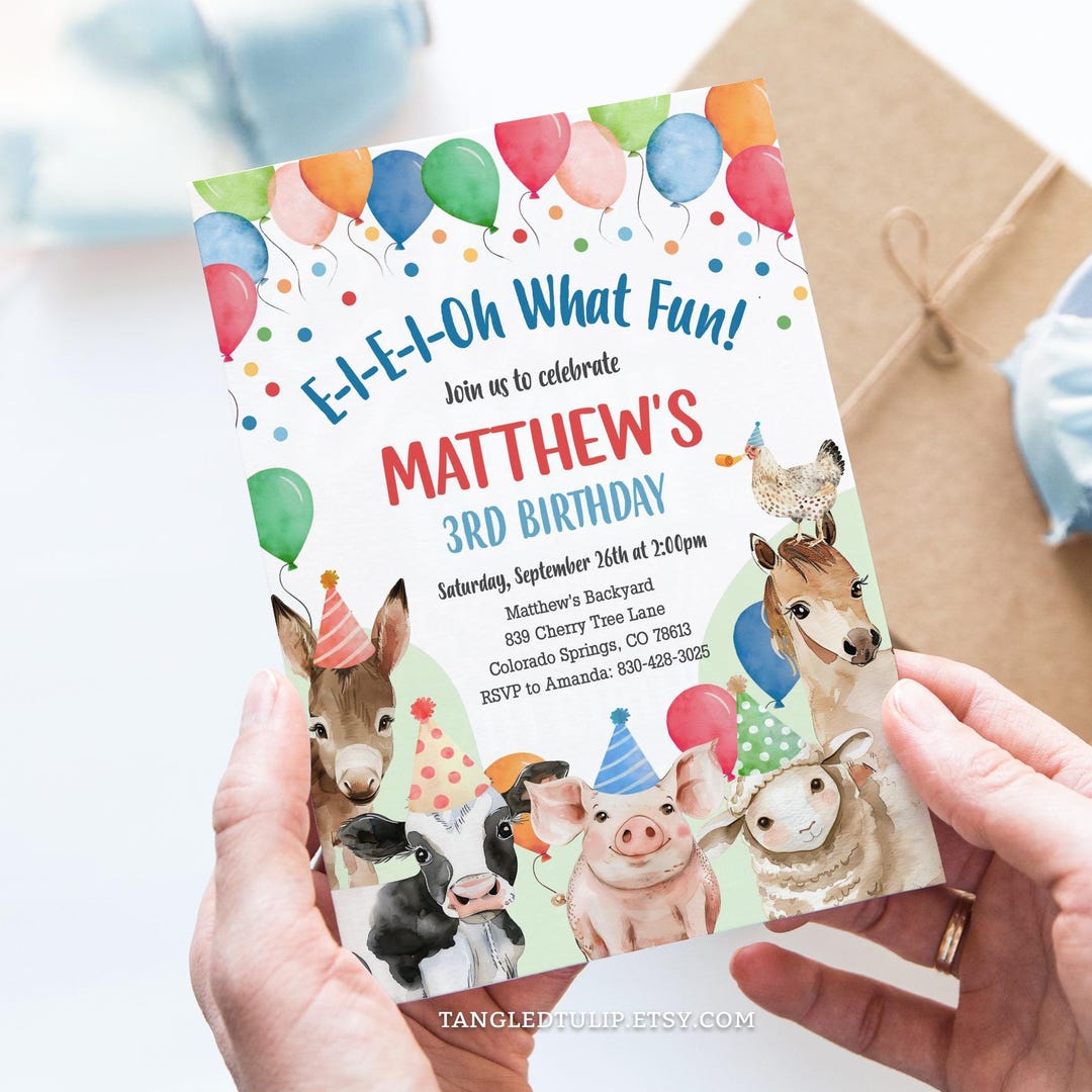 Editable Farm Animals Birthday Party Invitation Boy Farm Barnyard, E-I ...
