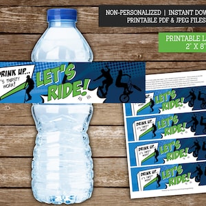 Water Bottle Labels for Bike Skate Scooter Party, Printable Bottle Labels, Let&#39;s Ride, Boys Birthday Party Decor, DIGITAL BS3