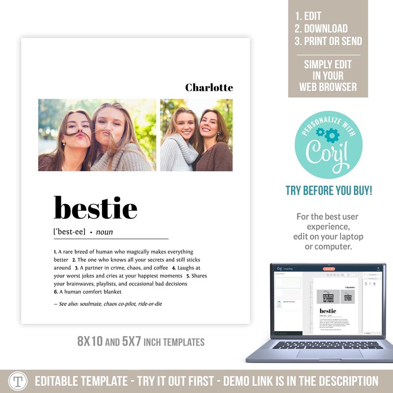 Editable Bestie Definition Sign With Photos: Best Friend Dictionary ...