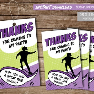 Etiquetas de favor de tema de skate para niñas, etiquetas de agradecimiento de chica patinadora IMPRIMIBLE, cumpleaños de niña Sk8er, etiquetas de favor de descarga instantánea SK2