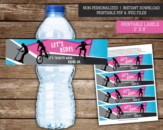 Water Bottle Labels for Girls Bike, Skate, Scoot Party, Printable Water Bottle Labels, Girls Birthday Party Decoration, DIGITAL Il_570xn