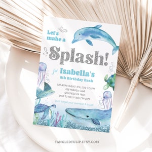 Dolphin Birthday Invitation Let's Make a Splash Dolphins Party Invite Watercolor Glitter Under the Sea EDITABLE Instant Download Corjl DO2