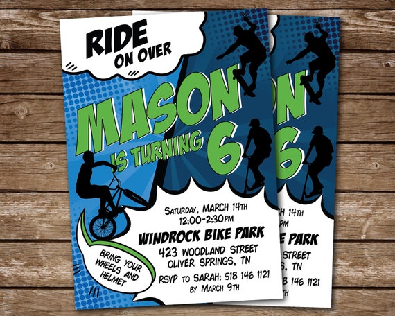 Bike Skater Scooter Birthday Party Invitation, Ride On Over Skateboarding Bicycle Scooter Comic Style DIGITAL Invite Il_570xn