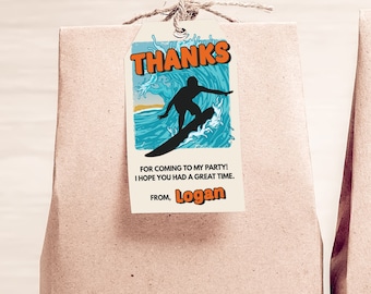 Surfing Birthday Thank You Tags Surf Party Favor Tag Boy Editable Beach Decorations Instant Download PRINTABLE Corjl SO1