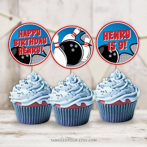 Bowling Birthday Cupcake Toppers Boy Editable Tenpin Cake Topper Personalized Download Digital PRINTABLE BB1