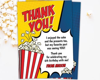Movie Birthday Thank You Card for boys, Movies & Popcorn Party Personalize Thank You, Instant Download Movie Party, Edit in Corjl MO1